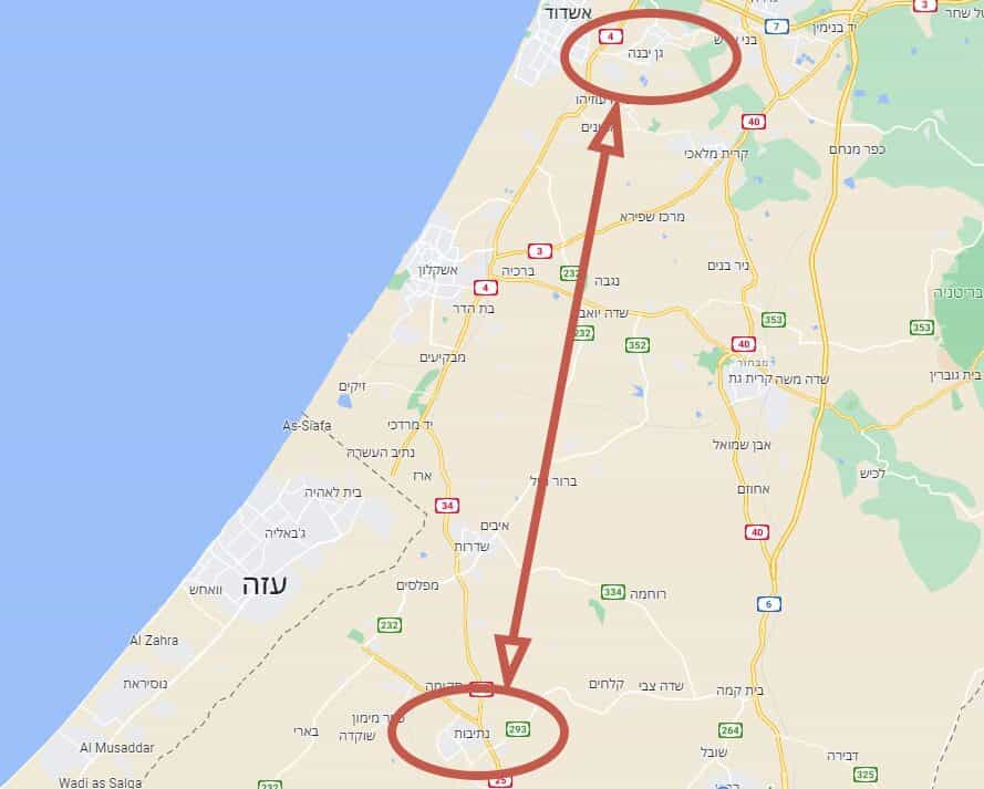 המרחק מגן יבנה לנתיבות. צילום מסך מגוגל מפות